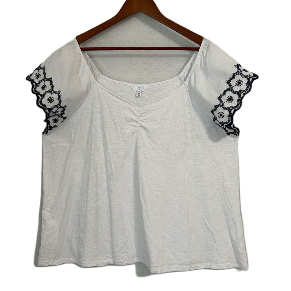 Time &Tru Blouse Women XXXL 22 White Navy Cotton Embroidery Boho Cottage Peasant